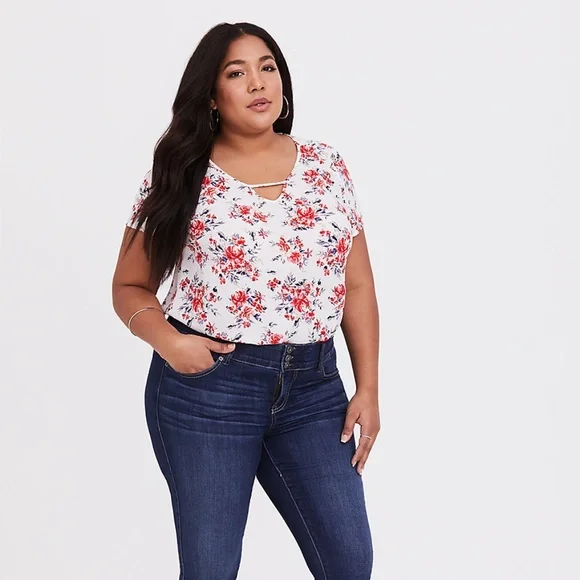 torrid Tops Torrid Plus Size Ivory Floral Georgette Keyhole